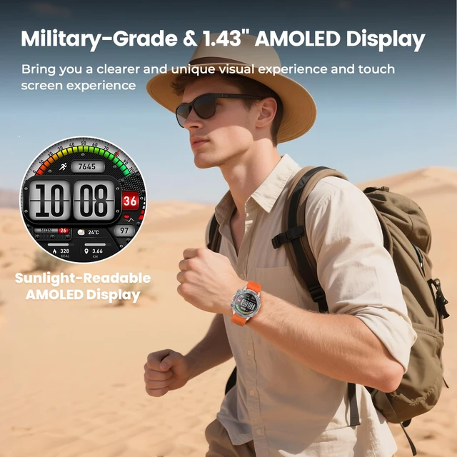 Alt view image 6 of 7 - Running Smart Watch for Men, 1.43" AMOLED,5ATM Waterproof,170+ Sport Modes Round Health Fitness Tracker Watch, Tactical Military Smartwatch Compatible with iPhone Android