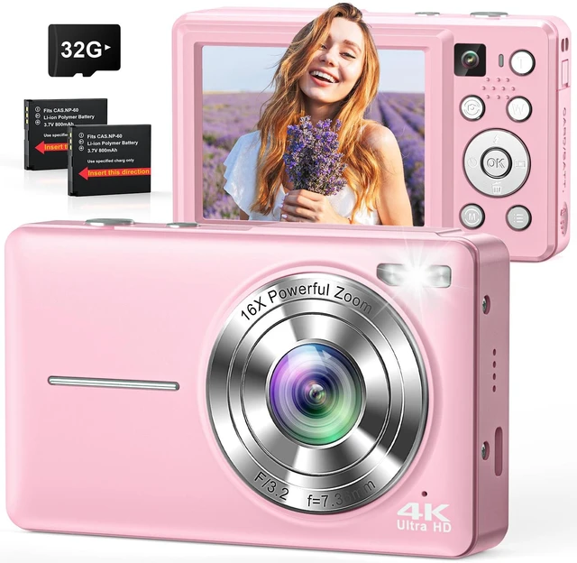 Main image of 4K Digital Camera with Selfie Lens 64MP Vlogging Camera 32GB Card Pink Compact Camera with Flash,16X Zoom Easy for Beginner. 2 Batteries for Instant use. ldeal Birthday, Party & Travel
