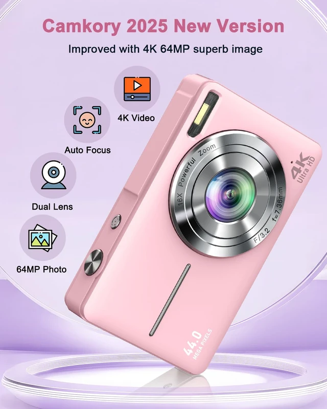 Alt view image 2 of 7 - 4K Digital Camera with Selfie Lens 64MP Vlogging Camera 32GB Card Pink Compact Camera with Flash,16X Zoom Easy for Beginner. 2 Batteries for Instant use. ldeal Birthday, Party & Travel