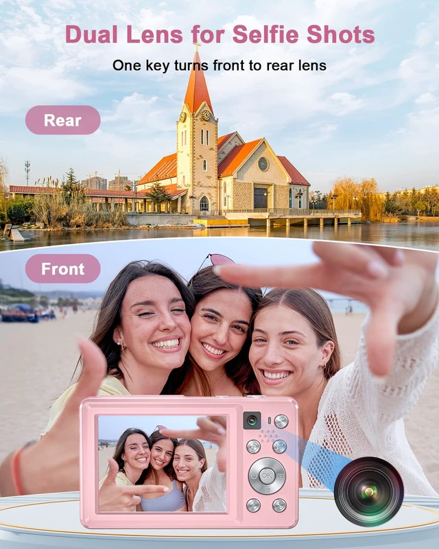 Alt view image 3 of 7 - 4K Digital Camera with Selfie Lens 64MP Vlogging Camera 32GB Card Pink Compact Camera with Flash,16X Zoom Easy for Beginner. 2 Batteries for Instant use. ldeal Birthday, Party & Travel