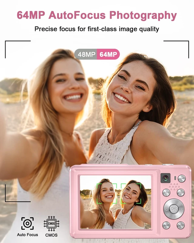 Alt view image 4 of 7 - 4K Digital Camera with Selfie Lens 64MP Vlogging Camera 32GB Card Pink Compact Camera with Flash,16X Zoom Easy for Beginner. 2 Batteries for Instant use. ldeal Birthday, Party & Travel