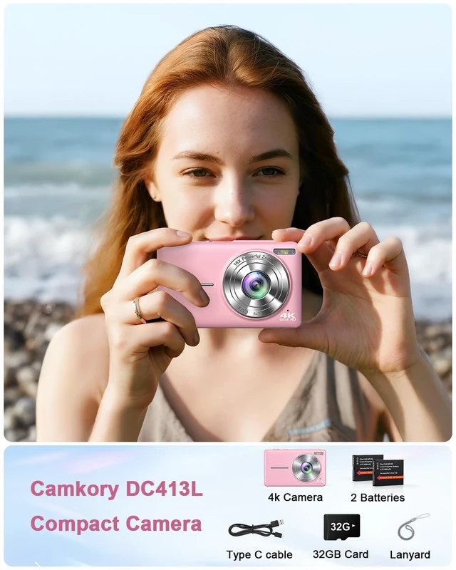 Alt view image 6 of 7 - 4K Digital Camera with Selfie Lens 64MP Vlogging Camera 32GB Card Pink Compact Camera with Flash,16X Zoom Easy for Beginner. 2 Batteries for Instant use. ldeal Birthday, Party & Travel