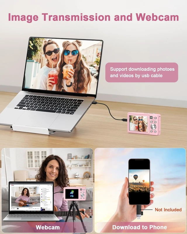 Alt view image 7 of 7 - 4K Digital Camera with Selfie Lens 64MP Vlogging Camera 32GB Card Pink Compact Camera with Flash,16X Zoom Easy for Beginner. 2 Batteries for Instant use. ldeal Birthday, Party & Travel