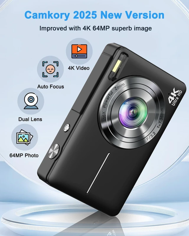 Alt view image 2 of 7 - 4K Digital Camera with Selfie Lens 64MP Compact Camera with 32GB Card Black Vlogging Camera with Flash,16X Zoom Easy for Beginner. 2 Batteries for Instant use. Ideal Birthday, Party & Travel