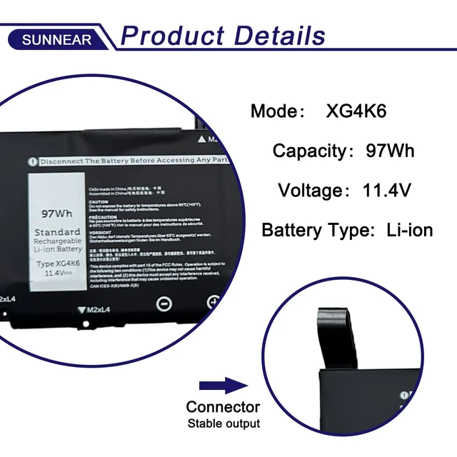 Alt view image 2 of 6 - 97Wh XG4K6 Battery for Dell XPS 17 9700 9710 9720 9730 Precision 5750 6-Cell 11.4V 8071mAh; Battery Replacement for Dell Precision 5760 5770 P92F P92F001 P92F003; 01RR3 001RR3 F8CPG KVPMY KRDHV