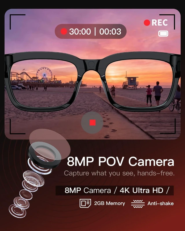 Alt view image 2 of 7 - AI Smart Glasses with Camera, 4K POV Recording, Transparent Lens 8MP photos, AI real-time translation, Object recognition, Bluetooth 5.4 open-ear audio for travel, work, and daily use