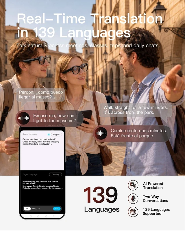 Alt view image 4 of 7 - AI Smart Glasses with Camera, 4K POV Recording, Transparent Lens 8MP photos, AI real-time translation, Object recognition, Bluetooth 5.4 open-ear audio for travel, work, and daily use