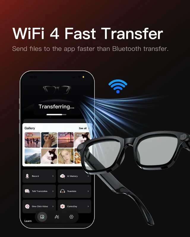 Alt view image 7 of 7 - AI Smart Glasses with Camera, 4K POV Recording, Transparent Lens 8MP photos, AI real-time translation, Object recognition, Bluetooth 5.4 open-ear audio for travel, work, and daily use