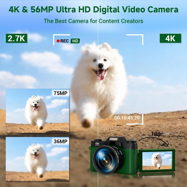 Alt view image 2 of 7 - 4K Digital Camera for Photography, 75MP WiFi Vlogging Camera for YouTube, 3" 180° Flip Screen Point and Shoot Camera with 64GB SD Card, 2 Batteries, Compact Travel Camera for Beginners