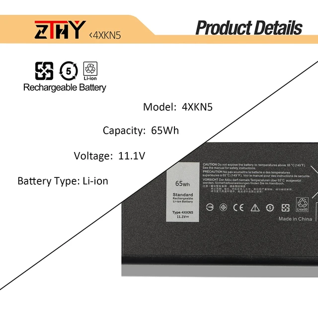 Alt view image 3 of 7 - 4XKN5 X8VWF Battery for Dell Latitude 14 Rugged Extreme 5404 5414 7404 7414 P45G P45G001 P46G P46G001 P46G002 CJ2K1 DKNKD 5XT3V 05XT3V VCWGN 0VCHGN 09FN4 XRJDF YGV51 453-BBBD 453-BBBE XN4KN 11.1V 65Wh