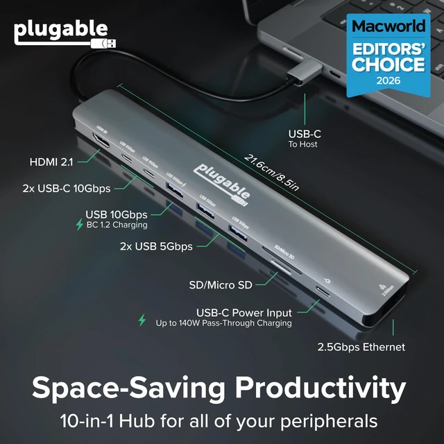 Alt view image 2 of 7 - USB C Hub: 10-in-1 Multiport Adapter, 8K/4K 144Hz HDMI 2.1 (2.5G Ethernet, 140W Charging, 10Gbps Data) Driverless IT Deployment for MacBook Pro/Air, Windows, Thunderbolt, Chromebook