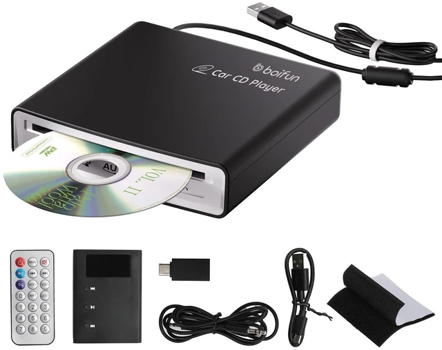 Main image of Portable CD Player for Car, External, USB Plug & Play, Anti-Skip Works via Car USB-A, USB-C or AUX, Steering Wheel & Screen Control, AUX Decoder, Cables & Remote Included, Also TV, PC
