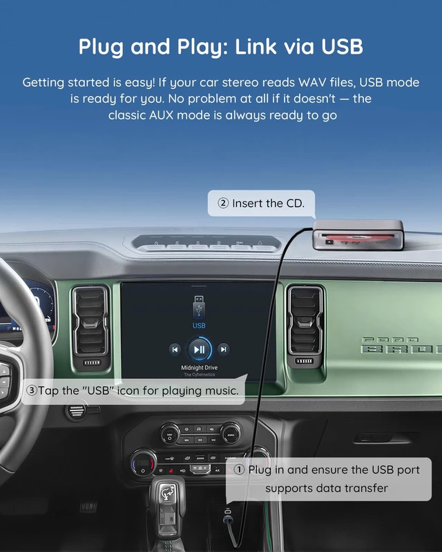 Alt view image 2 of 7 - Portable CD Player for Car, External, USB Plug & Play, Anti-Skip Works via Car USB-A, USB-C or AUX, Steering Wheel & Screen Control, AUX Decoder, Cables & Remote Included, Also TV, PC