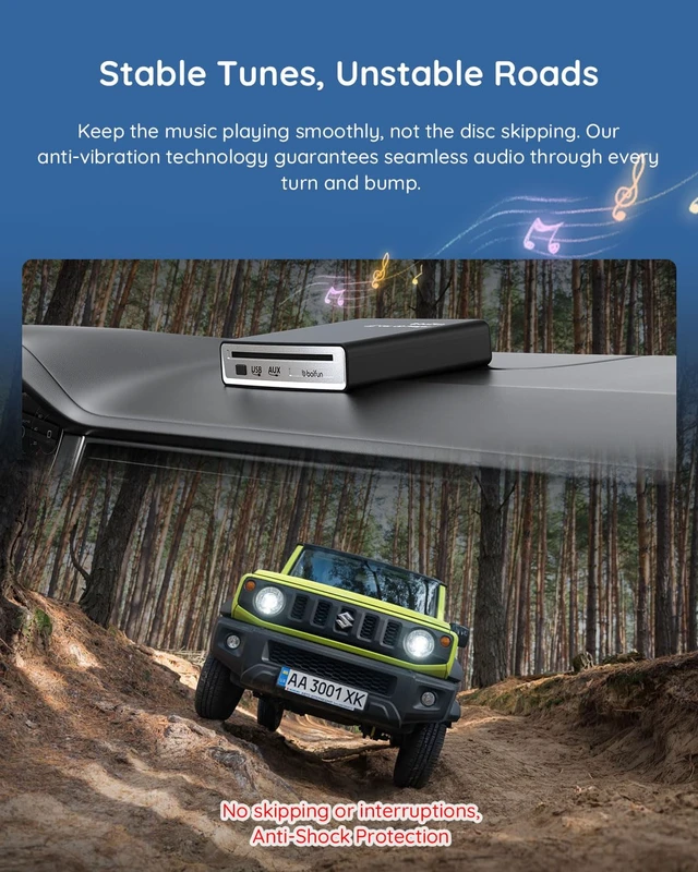 Alt view image 3 of 7 - Portable CD Player for Car, External, USB Plug & Play, Anti-Skip Works via Car USB-A, USB-C or AUX, Steering Wheel & Screen Control, AUX Decoder, Cables & Remote Included, Also TV, PC