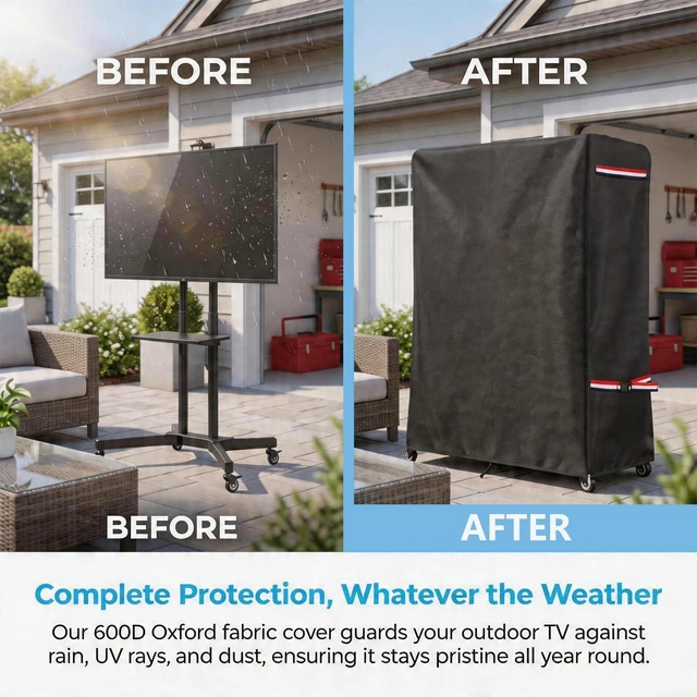 Alt view image 6 of 7 - Weatherproof 70-75Inch Outdoor TV Stand Cover for Rolling/Mobile Stand Heavy Duty 600D Durable TV Trolley Cover with Zipper,Tear-Resistant Courtyard TV Cover,68"Lx15"Wx55"H,Black