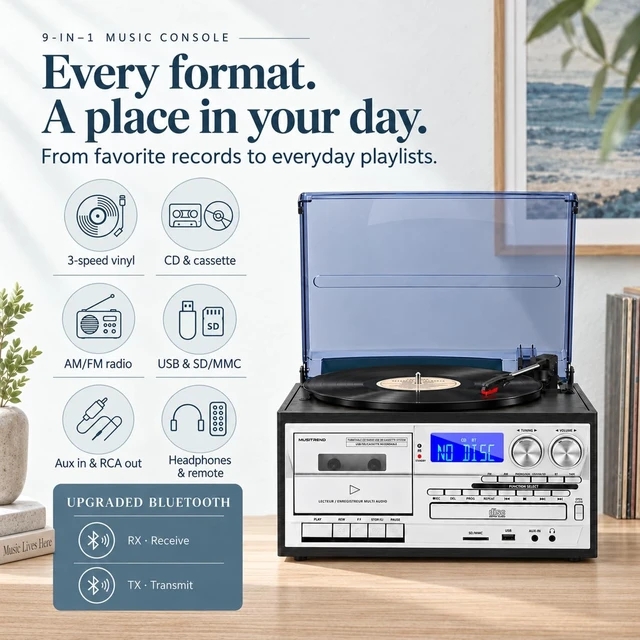 Alt view image 2 of 7 - Vintage Multimedia Record Player for Every Era of Music, with Bluetooth Input and Output, 3-Speed Turntable, CD and Cassette Player, USB SD Playback, AM FM Radio and Built-in Stereo Speakers