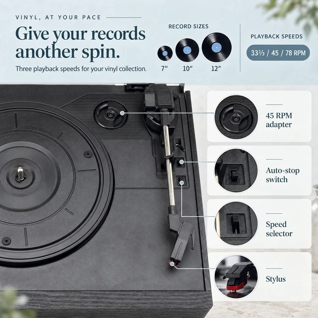 Alt view image 3 of 7 - Vintage Multimedia Record Player for Every Era of Music, with Bluetooth Input and Output, 3-Speed Turntable, CD and Cassette Player, USB SD Playback, AM FM Radio and Built-in Stereo Speakers