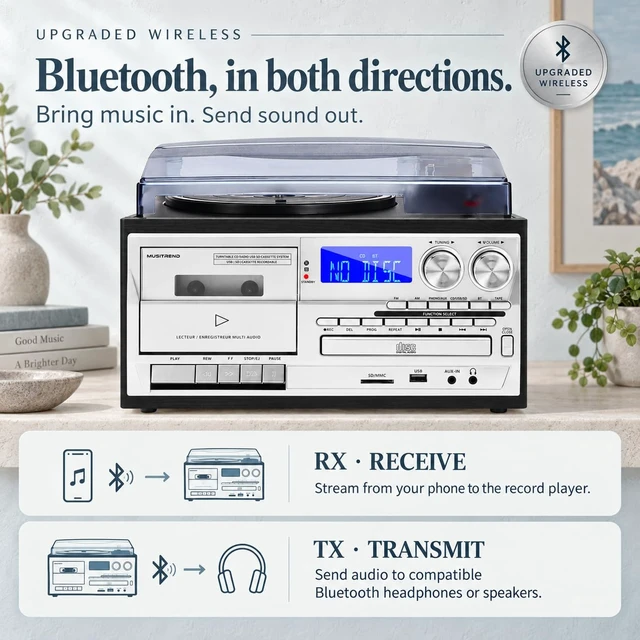Alt view image 4 of 7 - Vintage Multimedia Record Player for Every Era of Music, with Bluetooth Input and Output, 3-Speed Turntable, CD and Cassette Player, USB SD Playback, AM FM Radio and Built-in Stereo Speakers