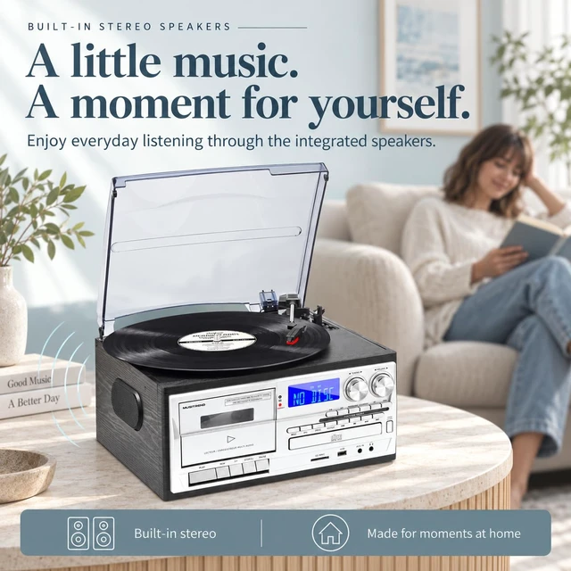 Alt view image 5 of 7 - Vintage Multimedia Record Player for Every Era of Music, with Bluetooth Input and Output, 3-Speed Turntable, CD and Cassette Player, USB SD Playback, AM FM Radio and Built-in Stereo Speakers