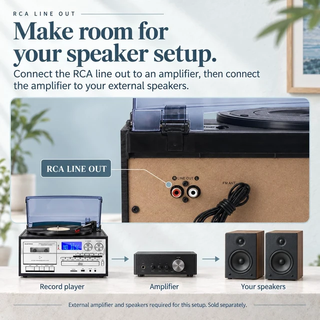 Alt view image 6 of 7 - Vintage Multimedia Record Player for Every Era of Music, with Bluetooth Input and Output, 3-Speed Turntable, CD and Cassette Player, USB SD Playback, AM FM Radio and Built-in Stereo Speakers