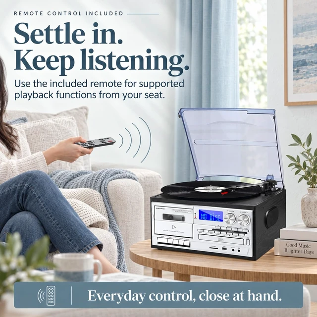 Alt view image 7 of 7 - Vintage Multimedia Record Player for Every Era of Music, with Bluetooth Input and Output, 3-Speed Turntable, CD and Cassette Player, USB SD Playback, AM FM Radio and Built-in Stereo Speakers