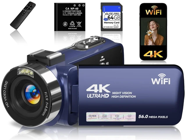 Main image of 4K Video Camera Camcorder, UHD 56MP WiFi Vlogging Cameras,18X Digital Zoom IR Night Vision 3.0''Touch Screen Cameras with 64GB Card,Remote Control,Webcam and Battery (Blue)