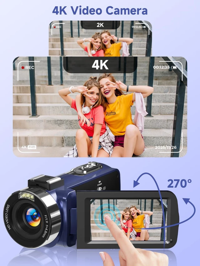 Alt view image 2 of 7 - 4K Video Camera Camcorder, UHD 56MP WiFi Vlogging Cameras,18X Digital Zoom IR Night Vision 3.0''Touch Screen Cameras with 64GB Card,Remote Control,Webcam and Battery (Blue)