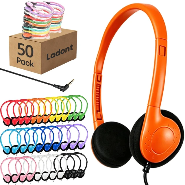 Main image of Ladont 50 Pack Bulk Classroom Headphones for Kids Students School, Multi Color Wired Headphones for Children Teens Boy Girl, 3.5mm Jack for Chromebook Laptop PC