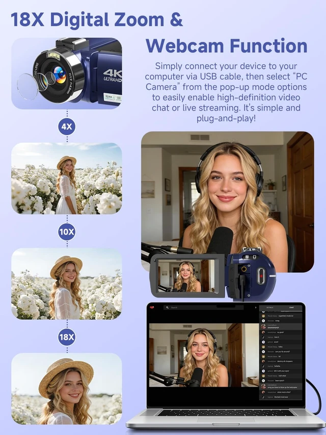 Alt view image 6 of 7 - 4K Video Camera Camcorder, UHD 56MP WiFi Vlogging Cameras,18X Digital Zoom IR Night Vision 3.0''Touch Screen Cameras with 64GB Card,Remote Control,Webcam and Battery (Blue)
