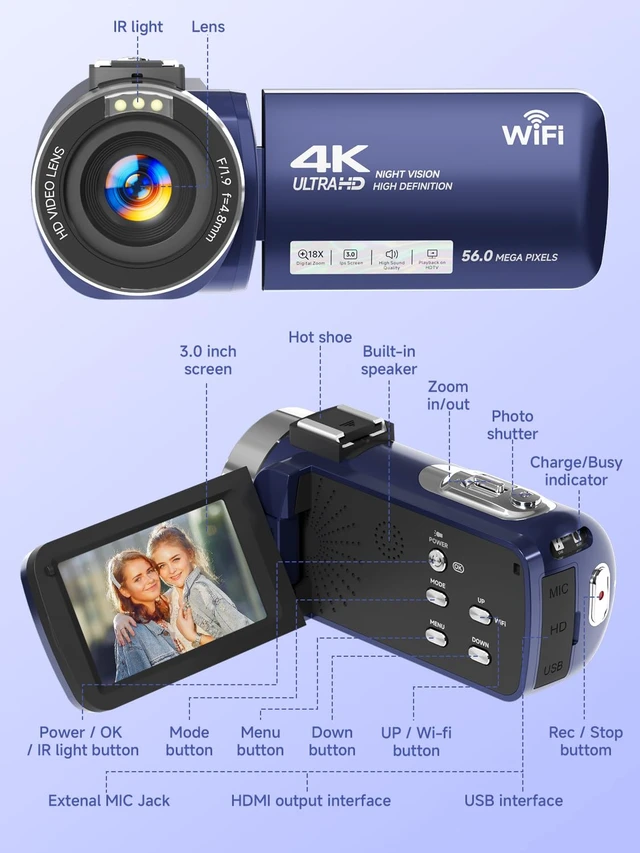 Alt view image 7 of 7 - 4K Video Camera Camcorder, UHD 56MP WiFi Vlogging Cameras,18X Digital Zoom IR Night Vision 3.0''Touch Screen Cameras with 64GB Card,Remote Control,Webcam and Battery (Blue)