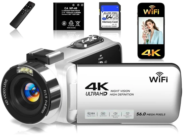 Main image of Camcorder,FHD 4K 56MP Video Camera,WiFi Vlogging Cameras for YouTube with IR Night Vision,18X Digital Zoom 3.0''Touch Screen Video Recorder with 64GB Card,Remote Control,Webcam and Battery(Silver)