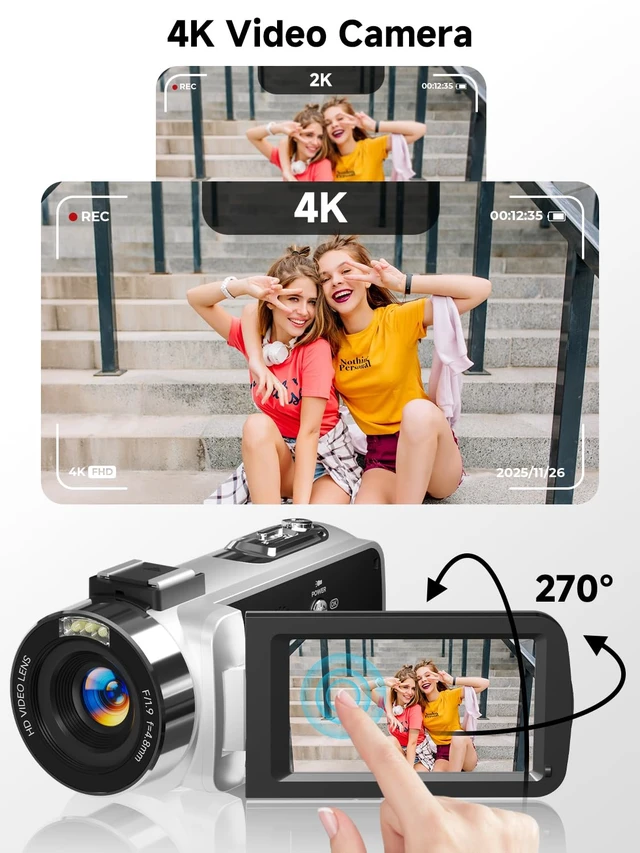 Alt view image 2 of 7 - Camcorder,FHD 4K 56MP Video Camera,WiFi Vlogging Cameras for YouTube with IR Night Vision,18X Digital Zoom 3.0''Touch Screen Video Recorder with 64GB Card,Remote Control,Webcam and Battery(Silver)