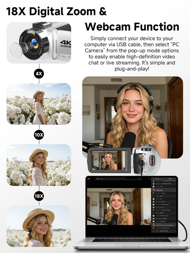 Alt view image 6 of 7 - Camcorder,FHD 4K 56MP Video Camera,WiFi Vlogging Cameras for YouTube with IR Night Vision,18X Digital Zoom 3.0''Touch Screen Video Recorder with 64GB Card,Remote Control,Webcam and Battery(Silver)