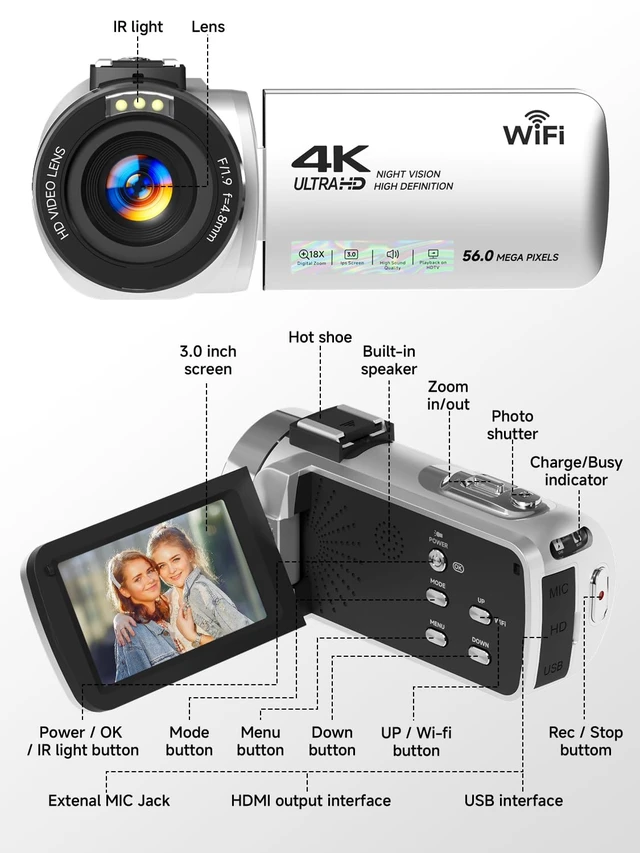 Alt view image 7 of 7 - Camcorder,FHD 4K 56MP Video Camera,WiFi Vlogging Cameras for YouTube with IR Night Vision,18X Digital Zoom 3.0''Touch Screen Video Recorder with 64GB Card,Remote Control,Webcam and Battery(Silver)