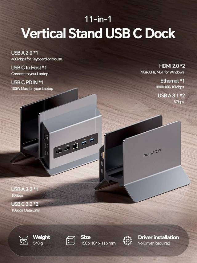 Alt view image 3 of 7 - USB C Docking Station Dual Monitor 4K@60Hz, Laptop Dock with Vertical Stand 11-in-1 Laptop Docking Station with 2HDMI, 5 USB 10Gbps, Gigabit Ethernet, PD for Home & Office (Windows Only), Gray