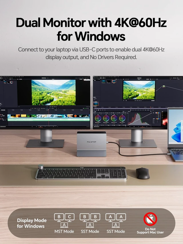 Alt view image 2 of 7 - USB C Docking Station Dual Monitor 4K@60Hz, Laptop Dock with Vertical Stand 11-in-1 Laptop Docking Station with 2HDMI, 5 USB 10Gbps, Gigabit Ethernet, PD for Home & Office (Windows Only), Gray