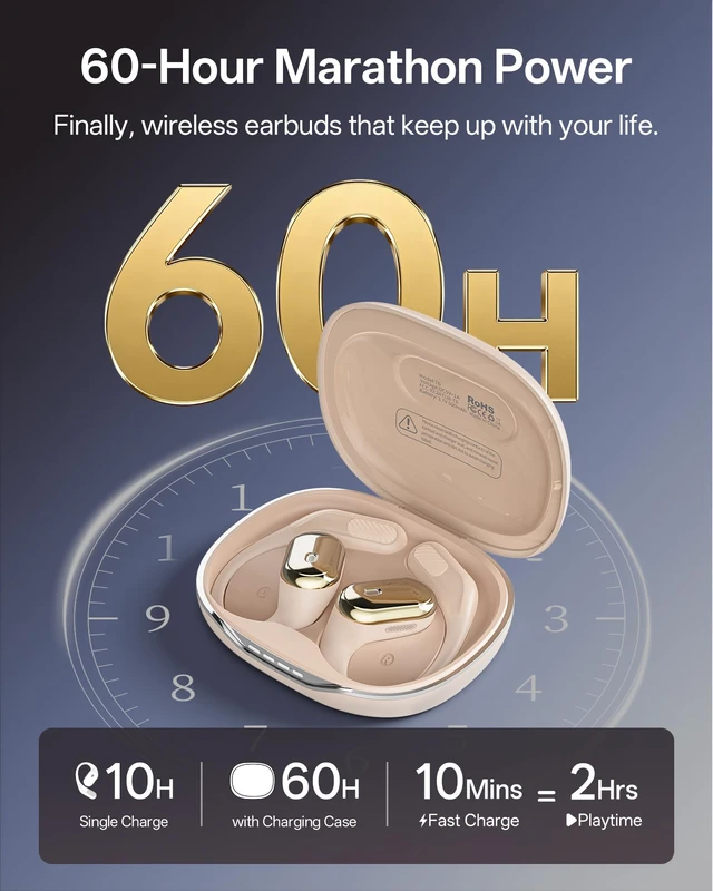 Alt view image 4 of 7 - Open Ear Headphones, Over Ear Earbuds with Ear Hooks, True Wireless Bluetooth 6.0 Earphones with Mics, Stereo Sound, Ultra-Comfort, 60H Playtime, IPX7 Waterproof Ear Buds for Running Workout