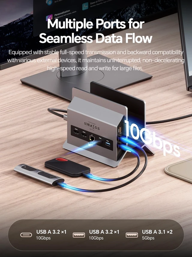 Alt view image 6 of 7 - USB C Docking Station Dual Monitor 4K@60Hz, Laptop Dock with Vertical Stand 11-in-1 Laptop Docking Station with 2HDMI, 5 USB 10Gbps, Gigabit Ethernet, PD for Home & Office (Windows Only), Gray