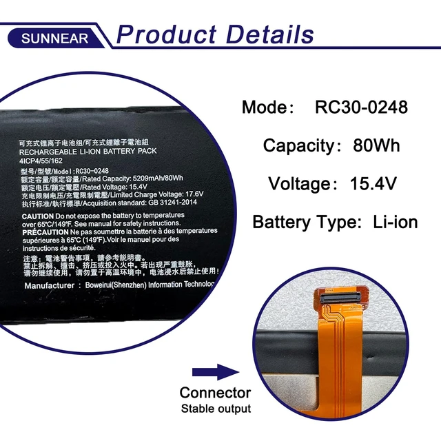 Alt view image 2 of 6 - 80Wh RC30-0248 Battery for Razer Blade Advanced 15 2018 2019 2020 2021 15.4V 5029mAh; 4ICP4/55/162 Battery Replacement for Razer Blade RZ09-0367 RZ09-0330 RZ09-03018 RZ09-0301 RTX 2070 3080