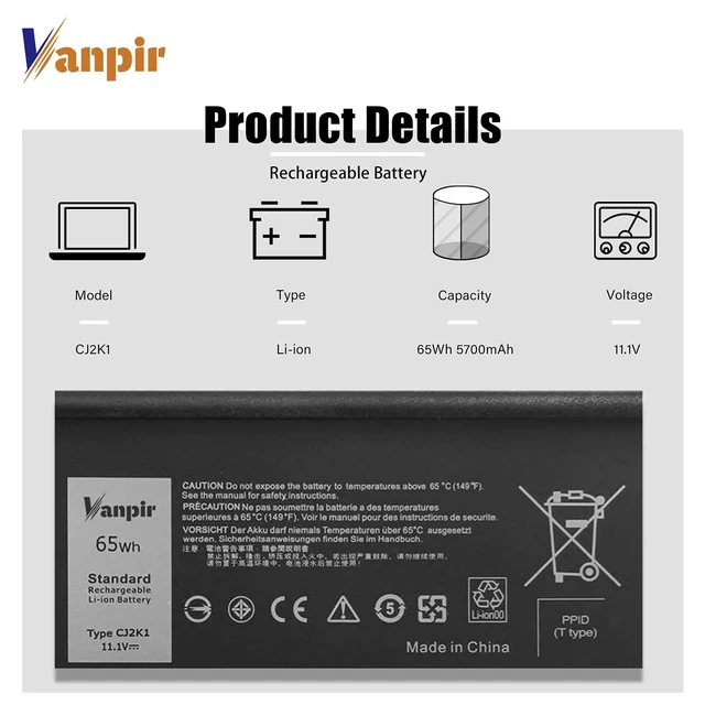 Alt view image 2 of 7 - CJ2K1 Laptop Battery, 11.1V 65Wh 5700mAh Compatible with Dell Latitude 5414 5404 7414 7404 Rugged Extreme Series DKNKD X8VWF 4XKN5 09FN4 XN4KN XRJDF YGV51 453-BBBE 5XT3V 05XT3V VCWGN 0VCHGN
