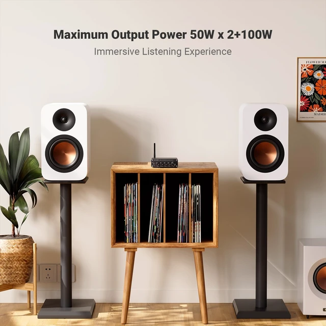 Alt view image 4 of 7 - BT30D Bluetooth 5.0 Stereo Audio Receiver Amplifier 2.1 Channel Mini Hi-Fi Class D Integrated Amp 50 Watt x2+100 Watt for Home Outdoor Passive Speakers/Subwoofer Powered Subwoofer