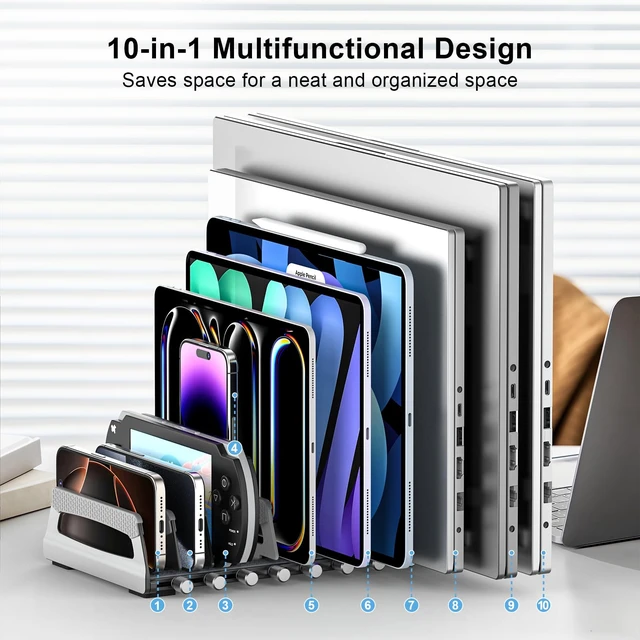 Alt view image 2 of 7 - 10-Slot Vertical Laptop Stand & Holder Adjustable Aluminum Laptop Stand Vertical for Desk Fits 10 Devices, MacBook & Gaming Laptops (Up to 17.3) Space Saving Laptop Storage Rack - Grey