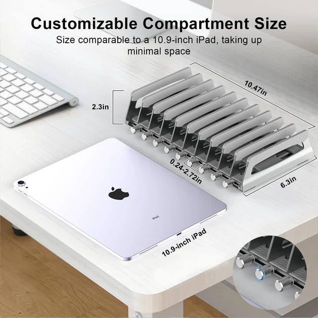 Alt view image 6 of 7 - 10-Slot Vertical Laptop Stand & Holder Adjustable Aluminum Laptop Stand Vertical for Desk Fits 10 Devices, MacBook & Gaming Laptops (Up to 17.3) Space Saving Laptop Storage Rack - Grey