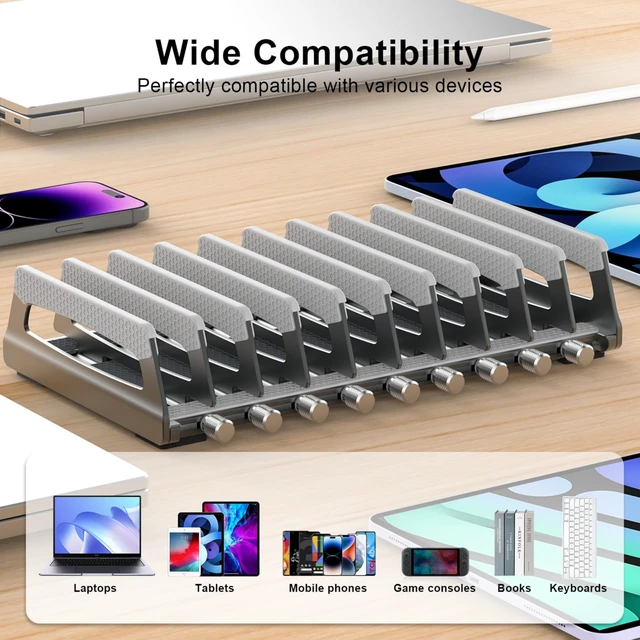 Alt view image 4 of 7 - 10-Slot Vertical Laptop Stand & Holder Adjustable Aluminum Laptop Stand Vertical for Desk Fits 10 Devices, MacBook & Gaming Laptops (Up to 17.3) Space Saving Laptop Storage Rack - Grey