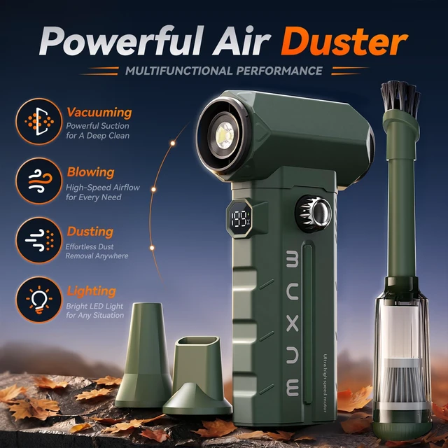 Alt view image 2 of 7 - Electric Air Duster & Vacuum 2-in-1, 130000RPM Cordless Rechargeable Compressed Air Duster with 100-Speed Display, 8000mAh Battery, USB-C Fast Charging for PC, Home, Car Interior (Green)