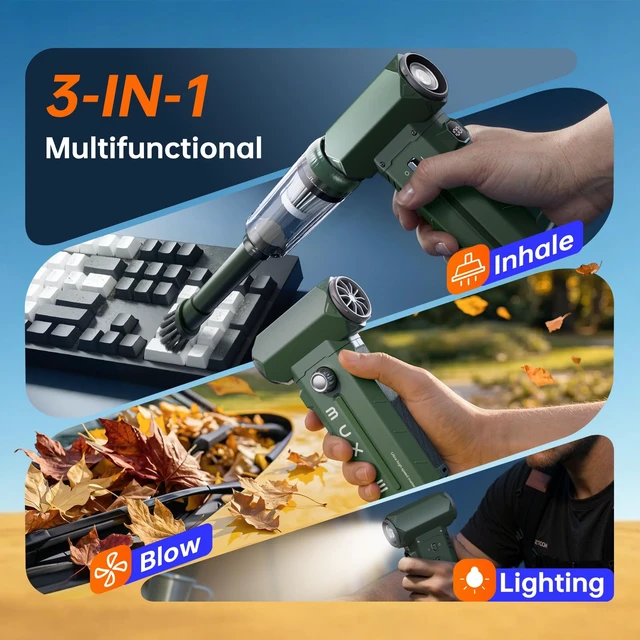 Alt view image 4 of 7 - Electric Air Duster & Vacuum 2-in-1, 130000RPM Cordless Rechargeable Compressed Air Duster with 100-Speed Display, 8000mAh Battery, USB-C Fast Charging for PC, Home, Car Interior (Green)