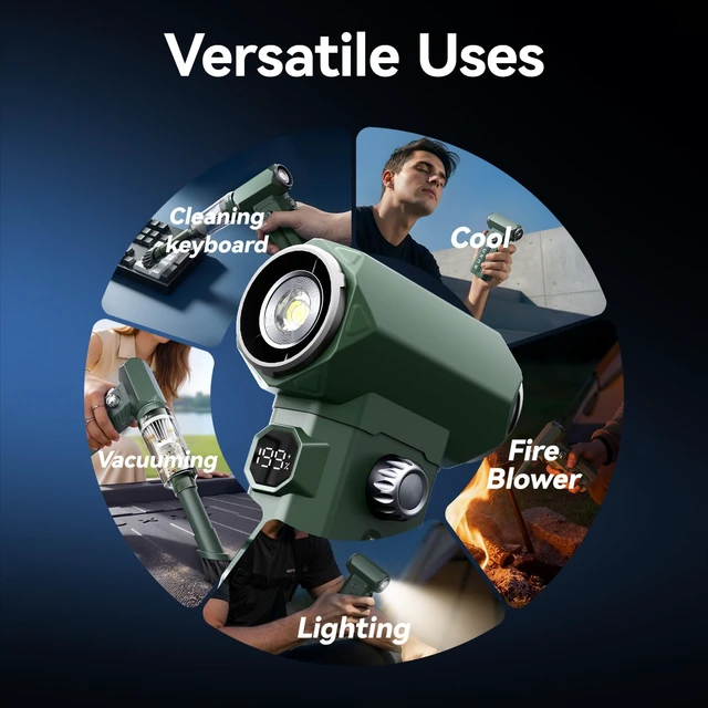 Alt view image 6 of 7 - Electric Air Duster & Vacuum 2-in-1, 130000RPM Cordless Rechargeable Compressed Air Duster with 100-Speed Display, 8000mAh Battery, USB-C Fast Charging for PC, Home, Car Interior (Green)