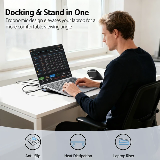 Alt view image 6 of 7 - Docking Station 3 Monitors, Laptop Docking Station Stand with 2HDMI+DP 11-in-1 USB C Dock with 8K DP, 4K@60Hz HDMI, 10Gbps Data, 1 Gbps Ethernet, 100W Power, SD/TF, Detachable Cable Connection