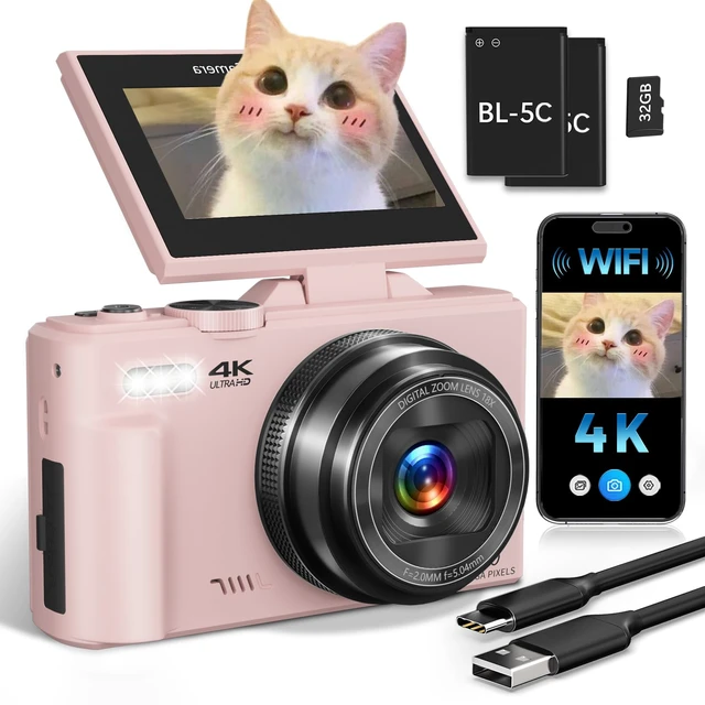 Main image of 4K Digital Camera for Beginners & Teens, Compact Vlogging Camera with 180° Flip Screen, Autofocus, Easy-to-Use for Travel & YouTube, 18X Zoom, WiFi, 2 Batteries, 32GB Card