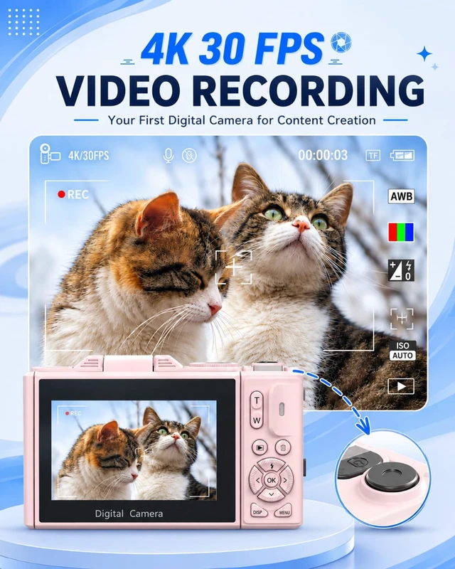 Alt view image 2 of 7 - 4K Digital Camera for Beginners & Teens, Compact Vlogging Camera with 180° Flip Screen, Autofocus, Easy-to-Use for Travel & YouTube, 18X Zoom, WiFi, 2 Batteries, 32GB Card